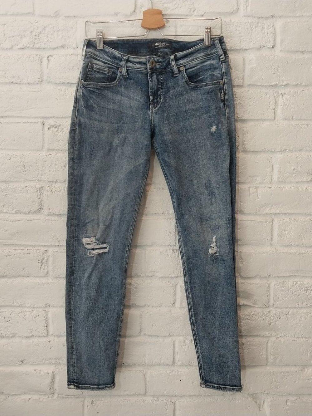 Silver Jeans Sam Boyfriend Womens 28x27 Blue Skinny Mid Rise Distressed Stretch.
